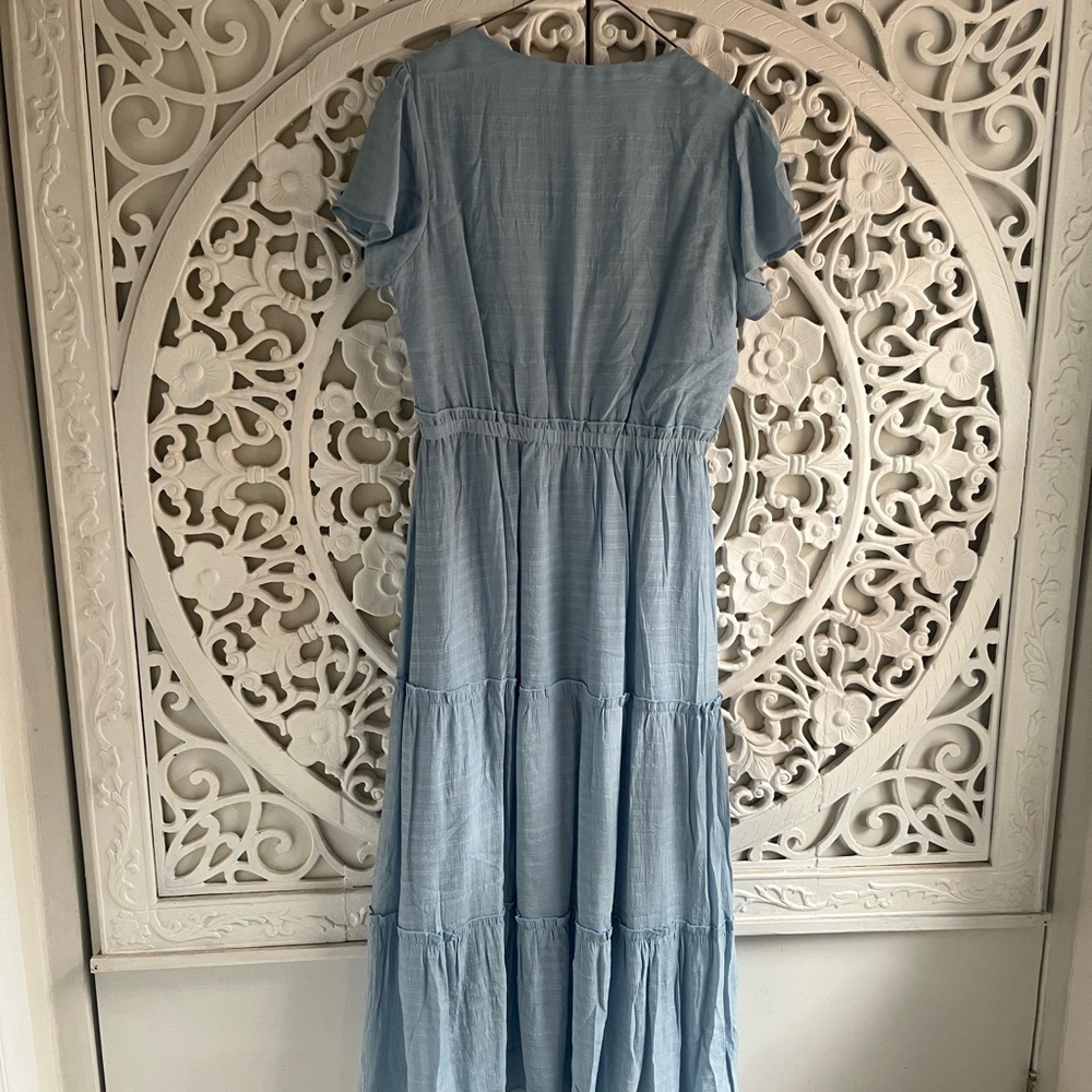 Flowy Tiered Midi Dress | Soft Blue | Flutter Sleeve | Maternity Friendly - Picture 3 of 3